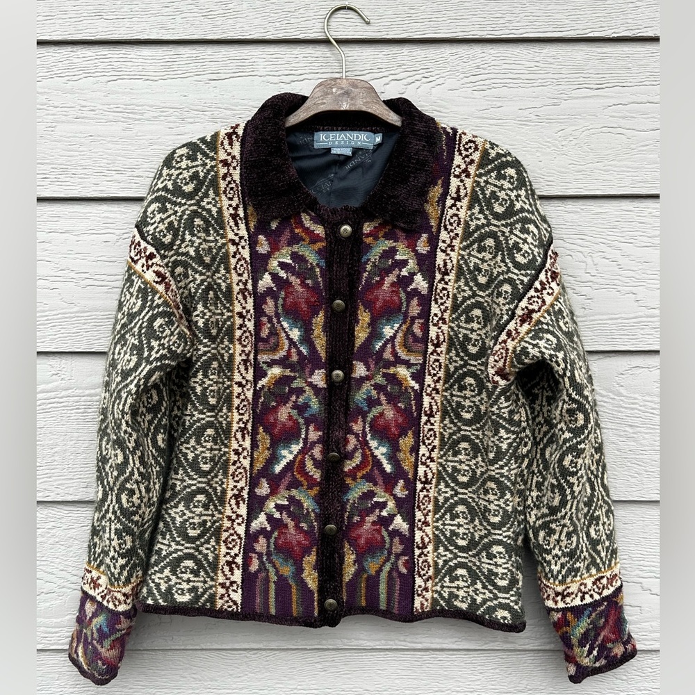 Vintage Icelandic Design Nordic Fair Isle Wool Cardigan Sweater M Lined